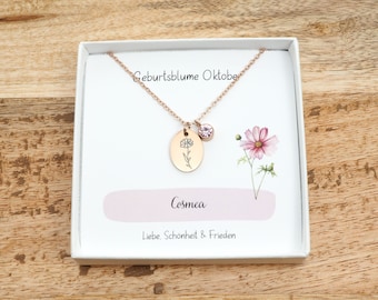 Birth flower necklace oval, birthstone necklace