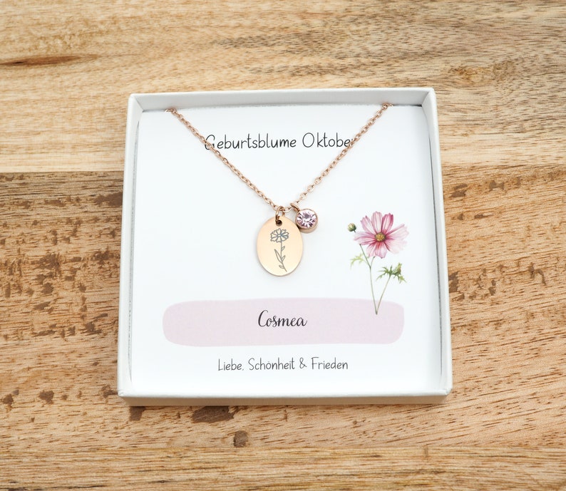 Birth flower necklace oval, birthstone necklace image 1