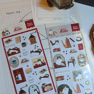 Furukawa Shiko x Kalita Coffee sticker sheet l Black Coffee l White Coffee l Cute Cat stickers l Coffee Stickers l Gold foil details