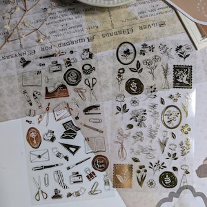 Gold foil sticker sheet l Transparent stickers l Stationery l Flowers l Journaling l planner