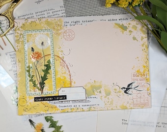 May include: A vintage postcard with a watercolor illustration of dandelions and a yellow and green background. The postcard has a stamp that says "Air Mail" and the text "Own Your Story" is written on the bottom.