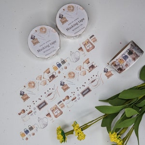 Papier Platz Floral Washi Tape - Coffee time - Japanese Tape 20mm x 7mm - Decorative Craft Tape for Scrapbooking and Journaling