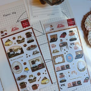 Furukawa Shiko x Kalita Coffee sticker sheet l Brown Coffee l Caramel Coffee l Cute Cat stickers l Coffee Stickers l Gold foil details