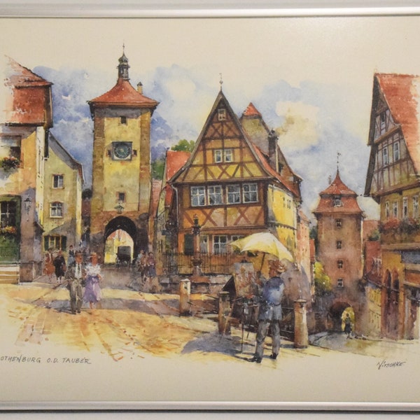 "Gerahmte Lithographie ""Rothenburg O.D. Tauber"" von Detlev Nitschke | Deutscher Maler | Stadtansicht | Impressionismus | Rothenburg ob der Tauber