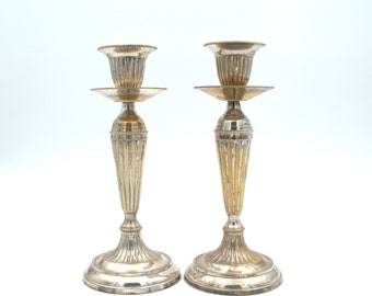 Pair of Silver Plated Brass Candle Holders | Egyptian Round Column | Art Deco | Silver Décor | Vintage Candle Holders | Art Deco Candlestick