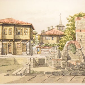 1998 Etching of the Nessebar Ancient Ruins by Nasso | Bulgarian Illustrator and Painter | Line Drawing Art | Line Drawing | Framed Art
