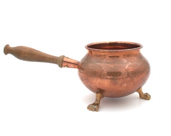 Copper Cezve Turkish Arabic Coffee Pot | Handmade Copper Pot | Vintage Copper pot with Wood Handle | Animal Brass Feet | Greek Ibriki briki