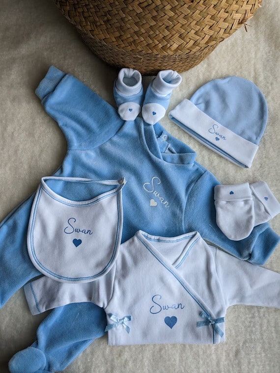 Personalized Blue Birth Box for Baby Boy Velvet Pajamas Bodysuit Hat and Accessories Birth Gift