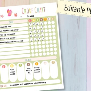Chore chart for kids, editable printable responsibility chart for girls, INSTANT DOWNLOAD
