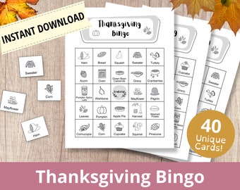 May include: A set of 40 printable Thanksgiving bingo cards. Each card features a 5x5 grid with images of Thanksgiving-themed items like a turkey, pumpkin, and corn. The cards are black and white and have the text "Thanksgiving Bingo" at the bottom.