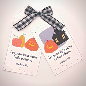 Halloween gift tags with Bible verse, trick or treat tags, Let your light shine tags, Printable image 5
