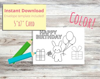 Printable happy birthday coloring card for kids, Bunny coloring birthday card, INSTANT DOWNLOAD