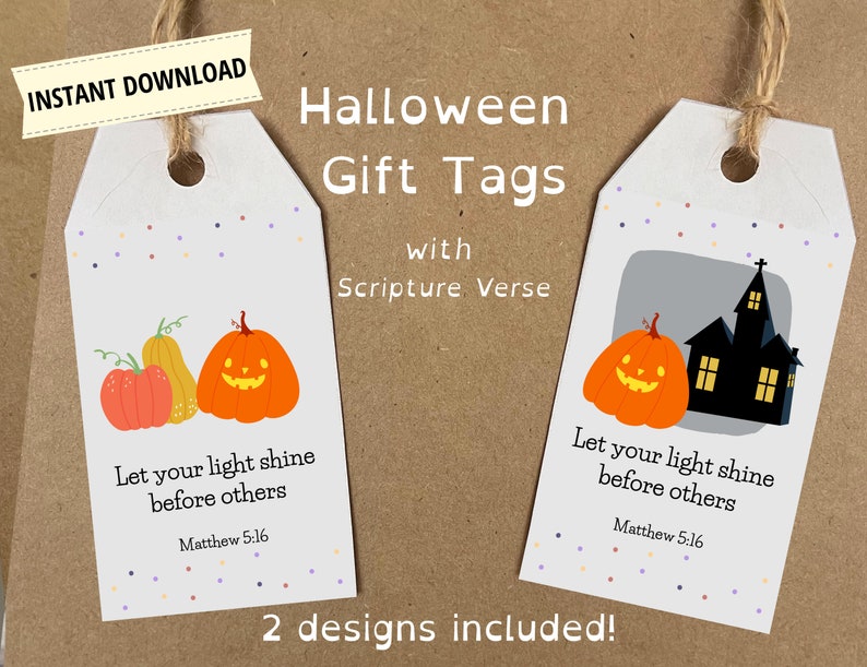 Halloween gift tags with Bible verse, trick or treat tags, Let your light shine tags, Printable image 1