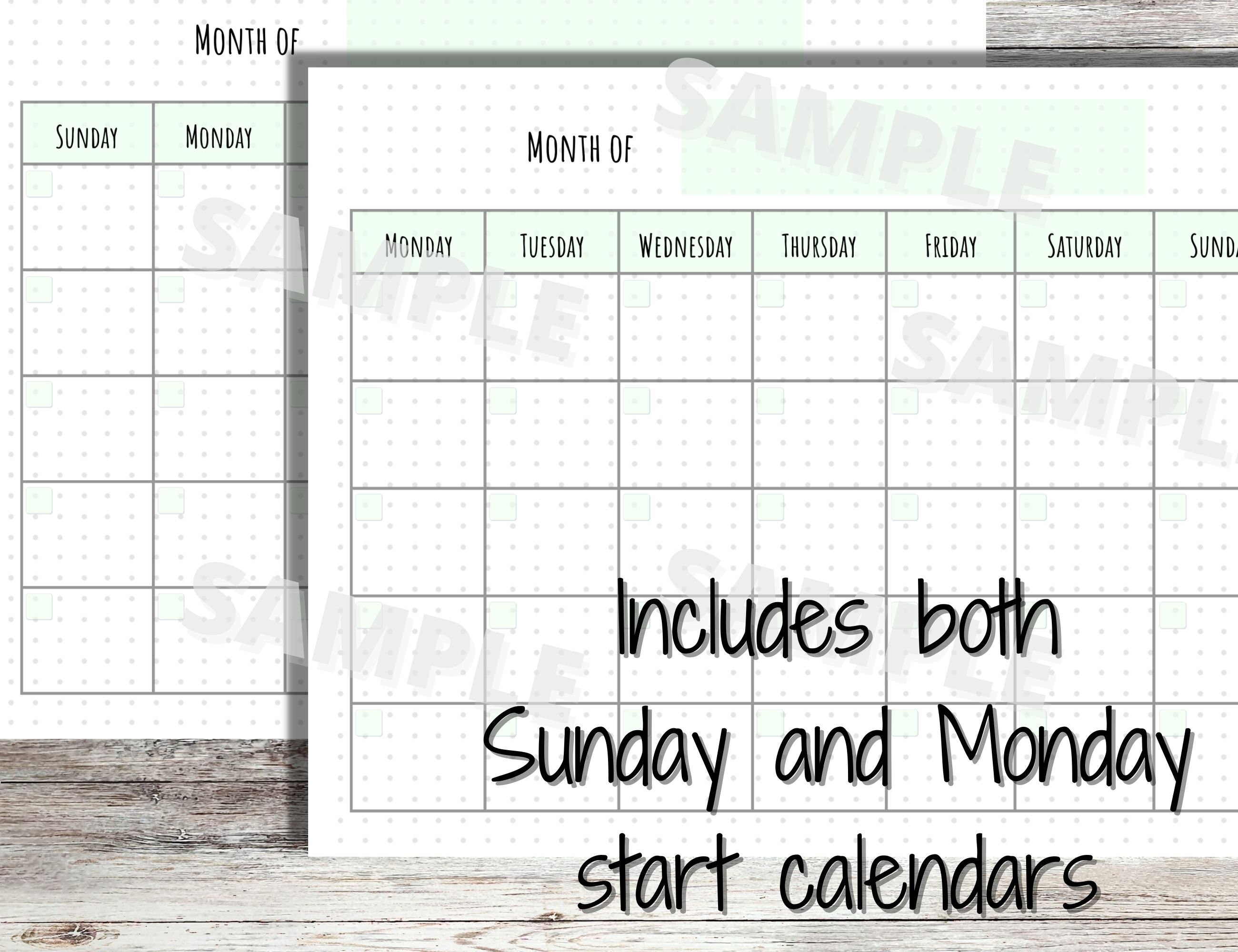 Printable Blank Monthly Calendar, Perpetual Sunday and Monday Start ...