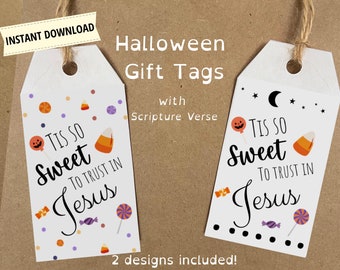 Halloween treat tags, Tis so sweet to trust in Jesus, PRINTABLE favor tags
