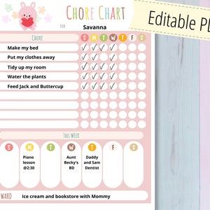 Chore chart for kids, printable responsibility chart, bunny chore chart, INSTANT DOWNLOAD