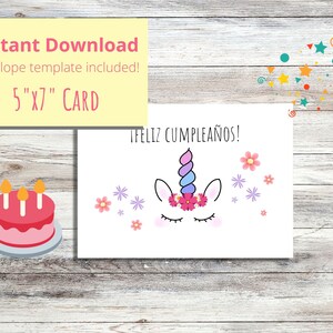 Unicorn happy birthday card, printable Spanish birthday card,  INSTANT DOWNLOAD