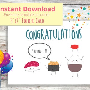 Afstudeerkaart afdrukbaar, kawaii sushi-kaart, gefeliciteerd voor afgestudeerden, INSTANT DOWNLOAD