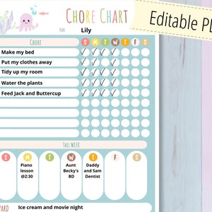 Printable chore chart for kids, responsibility chart, octopus chore chart, INSTANT DOWNLOAD