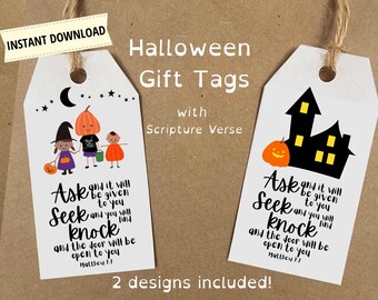 Halloween tags with Scripture verse, Trick or treat favor tags, Printable