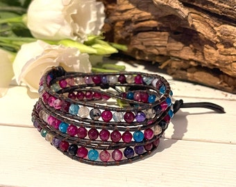 Leather Wrap Bracelet Multi Pink Bead