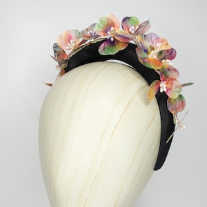 Black 3d multi coloured flower embellished satin padded hairband headband wedding fascinator christening races