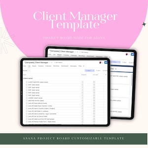 Può includere: Un modello di bacheca di progetto digitale per la gestione dei clienti, progettato per l'uso con Asana. L'immagine mostra due tablet che visualizzano l'interfaccia del modello, con uno sfondo rosa e bianco. Il modello include sezioni per attività, scadenze e informazioni sui clienti.