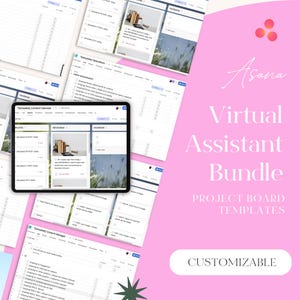 Peut inclure: Une tablette numérique affiche des modèles de calendrier de contenu et de tableaux de projet. L'image présente un fond rose avec le texte "Asana Virtual Assistant Bundle" et "Customizable". D'autres documents sont éparpillés autour de la tablette.