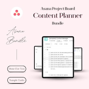 May include: A screenshot of a computer screen showing a project management tool called Asana. The screen shows a list of tasks related to content management, including "FB LIVE: Get plan talking points draft", "FB LIVE: Go live", and "FB: Draft plan for captions".