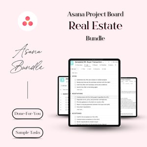 May include: A screenshot of a computer screen showing a project management tool called Asana. The screen shows a project board for a real estate transaction. The board is divided into sections for Offer, Negotiations, Inspections, and Acceptance. Each section has a list of tasks that need to be completed. The project board is titled "[template] RE: Buyer Transaction..."