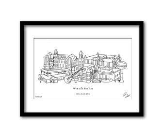 Waukesha Wisconsin Minimalist Illustration Housewarming Gift Wall Art