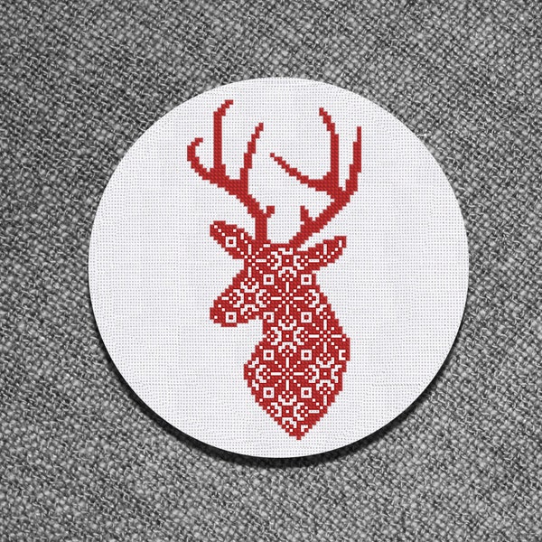 Cross Stitch Pattern Red Head Deer with Ornament Instant Download PDF Counted Chart Modern Christmas Embroidery