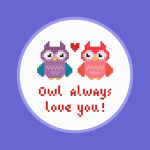 Hiboux vous aime toujours Cross Stitch Pattern Téléchargement instantané PDF Broderie moderne Tableau compté Oiseaux colorés
