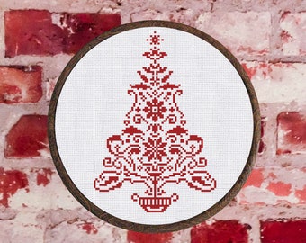 Cross Stitch Pattern Red Christmas Tree Sampler Instant Download PDF Counted Chart