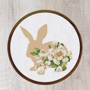 Cross Stitch Pattern Beige Hare with White Flowers Instant Download PDF Counted Chart