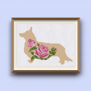 Cross Stitch Pattern Welsh Corgi Dog with Rose Instant Download PDF Counted Chart