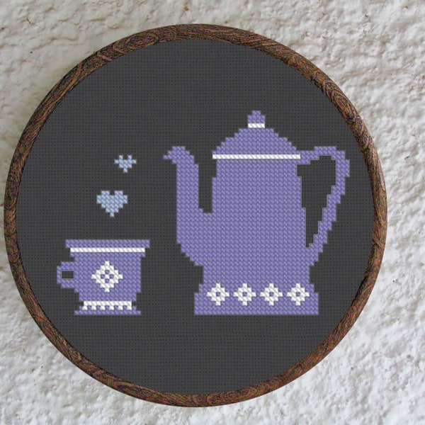 Cross Stitch Pattern Tea Pot with love Instant Download PDF Counted Chart Modern Embroidery Coffee pot