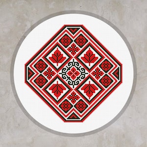 Cross Stitch Pattern Red Black Ornament with Leaf Motif Instant Download PDF Counted Chart