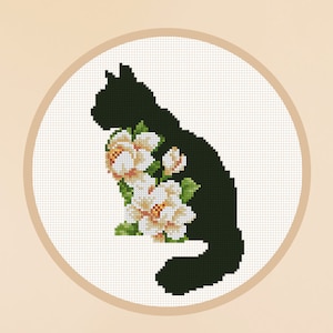 Cross Stitch Pattern Black Cat Silhouette with flowers Instant Download PDF Counted Chart