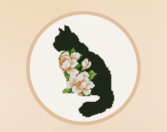 Cross Stitch Pattern Black Cat Silhouette with flowers Instant Download PDF Counted Chart