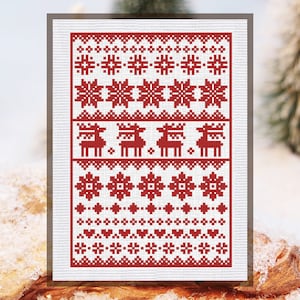 Echantillon folklorique de motif de point de croix avec ornement de cerf Téléchargement instantané PDF Tableau compté