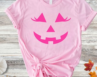 Pink Halloween Eyelashes Shirt, Eyelashes Pumpkin Face Halloween Shirt Fall Halloween Vibes Pink Jack O Lantern