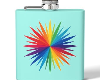 Fiole arc-en-ciel, design esthétique coloré, motif abstrait vibrant, fiole de poche en acier inoxydable, idée cadeau, style moderne