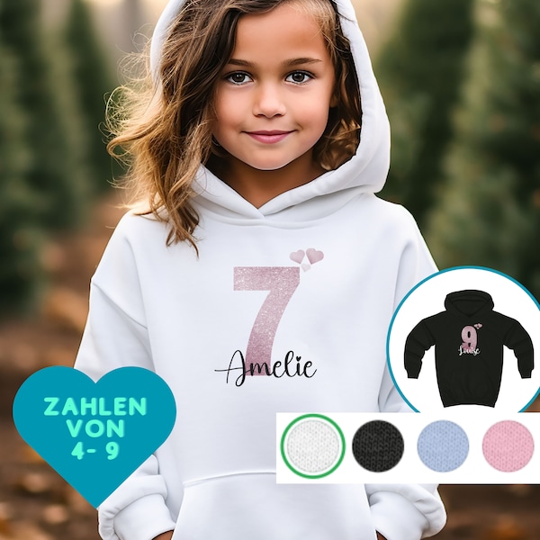 Geburtstagspullover Mädchen Zahl mit Namen personalisiert - Endlich 4,5,6,7,8,9 Jahre Pullover –Geburtstagshoodie weiß - Pullover Geburtstag