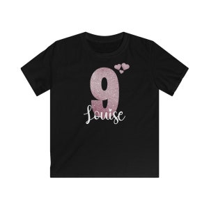 Geburtstagsshirt Mädchen Glitzer mit Name personalisiert Endlich 4,5,6,7,8,9 Jahre T-Shirt Geschenk Mädchen T-Shirt Geburtstag Mädchen Schwarz