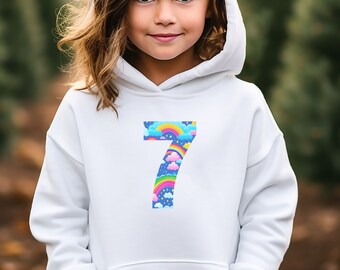 Geburtstagspullover Regenbogen Mädchen Zahl - Endlich 4, 5, 6, 7, 8, 9 Jahre Pullover – Geburtstagshoodie weiß - Pullover Geburtstag