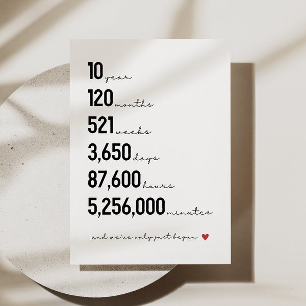 10th Anniversary Card Printable, Ten Wedding Anniversary Card Gift for Husband Wife Boyfriend Girlfriend, Tenth Anniversary Digital Download