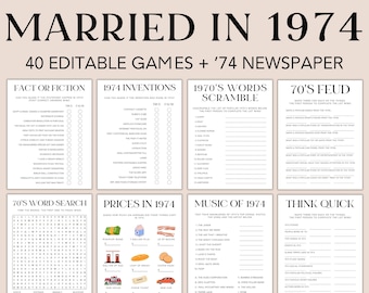 Lot de jeux du 50e anniversaire, Jeux des mariés de 1974, Activités du 50e anniversaire de mariage, Quiz, Journal des années 74, Toile modifiable