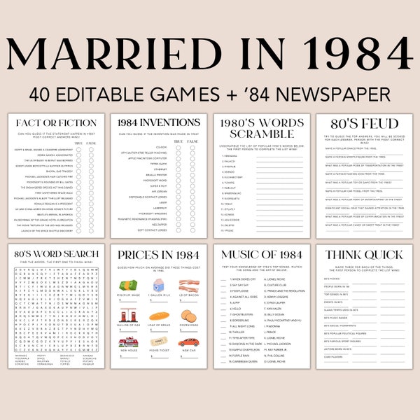 40th Anniversary Games Bundle, Married in 1984 Games, 40th Wedding Anniversary Activities, Trivia Quiz, 84's Newspaper, Editable Canva