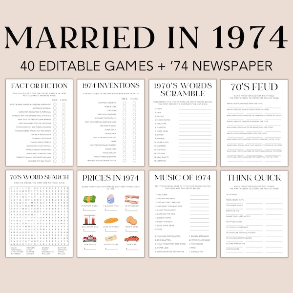 50th Anniversary Games Bundle, Married in 1974 Games, 50th Wedding Anniversary Activities, Trivia Quiz, 74's Newspaper, Editable Canva